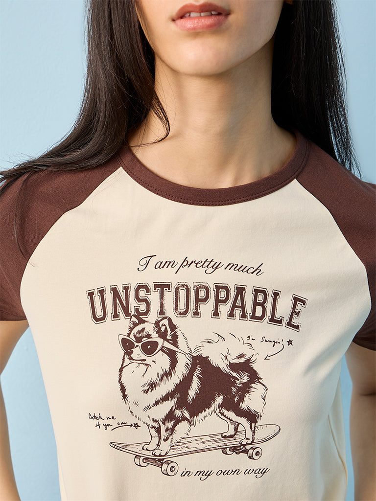 Nuon Beige Graphic Printed Cotton-Blend T-Shirt