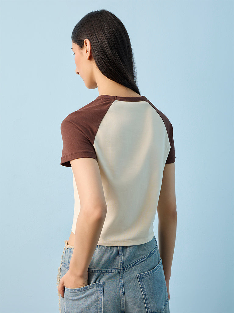Nuon Beige Graphic Printed Cotton-Blend T-Shirt