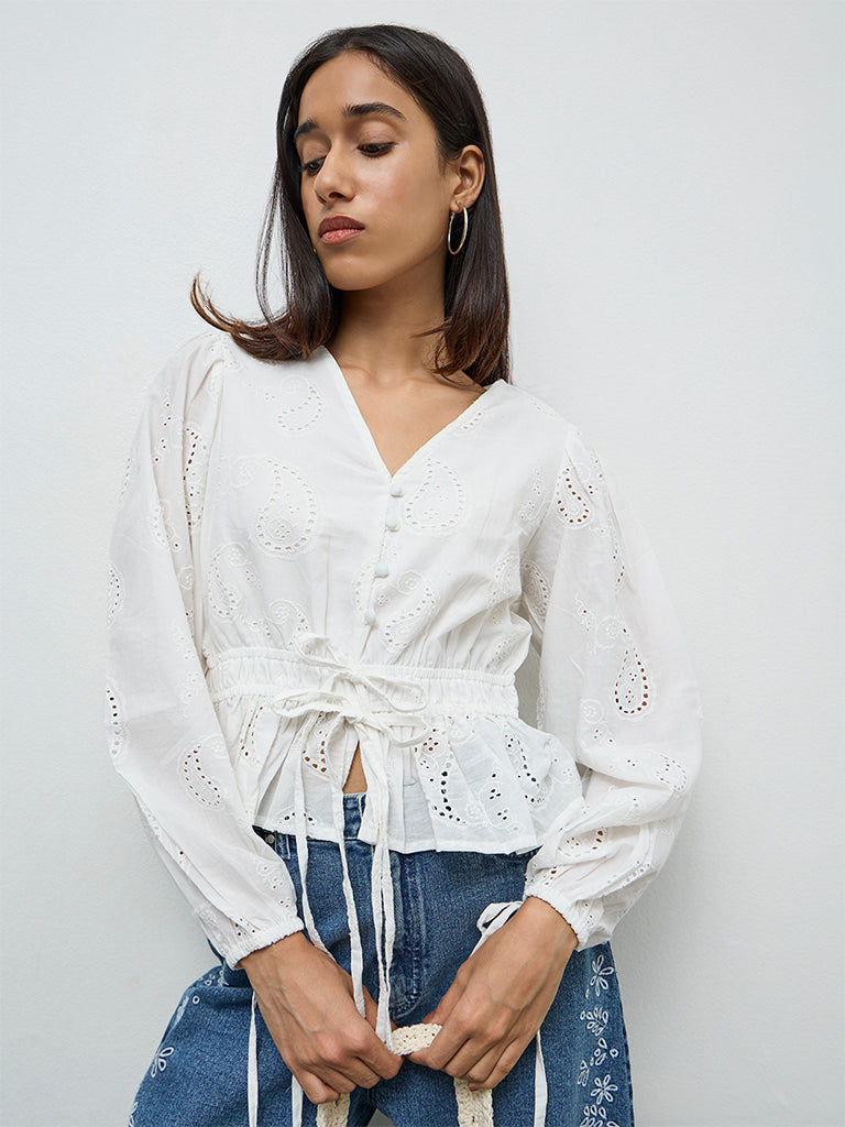 LOV Off-White Paisley Embroidered Cotton Blouse