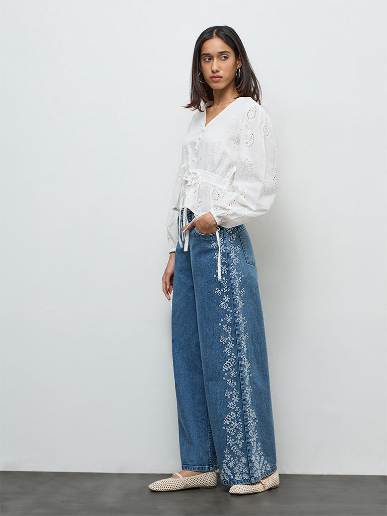 LOV Off-White Paisley Embroidered Cotton Blouse