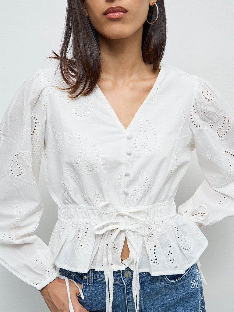 LOV Off-White Paisley Embroidered Cotton Blouse