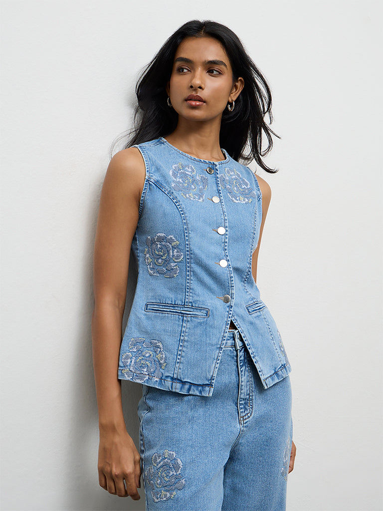 LOV Light Blue Floral Embroidered Denim Top