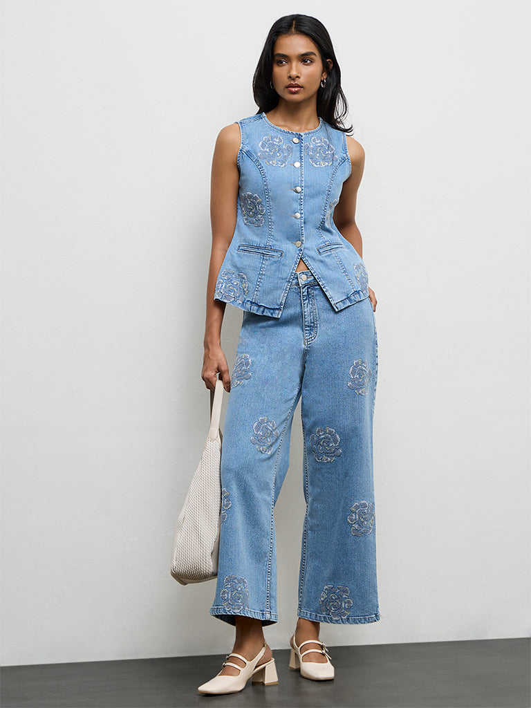 LOV Light Blue Floral Embroidered Denim Top