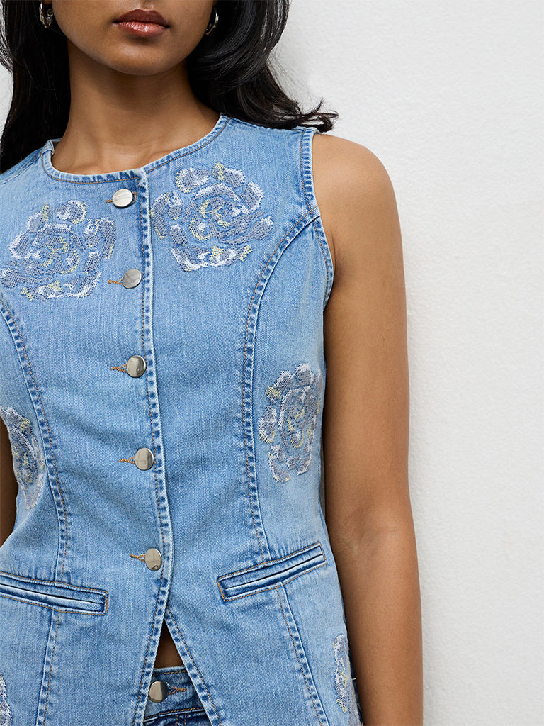 LOV Light Blue Floral Embroidered Denim Top