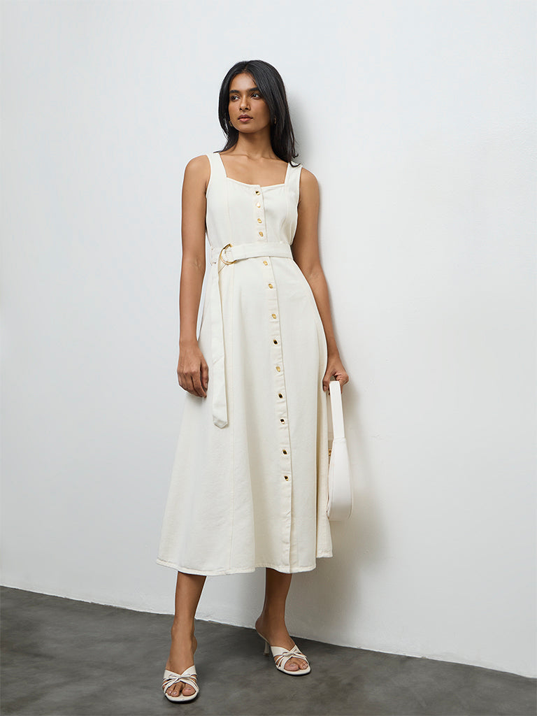 LOV Off-White Denim Cotton A-Line Dress with Belt