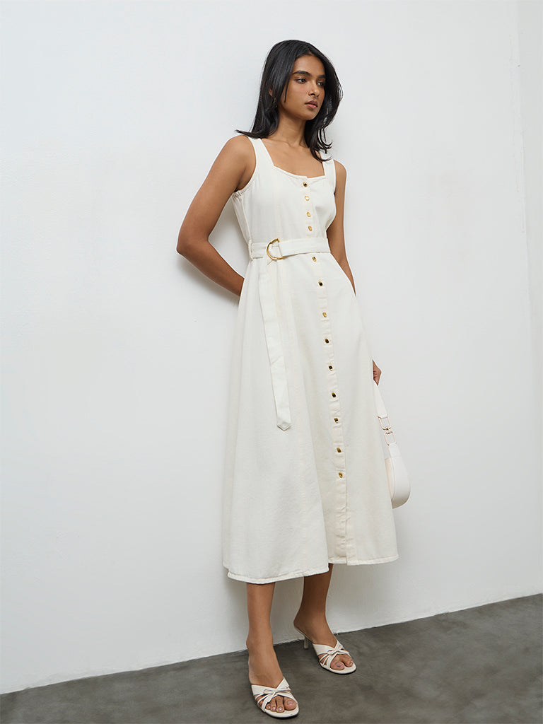 LOV Off-White Denim Cotton A-Line Dress with Belt