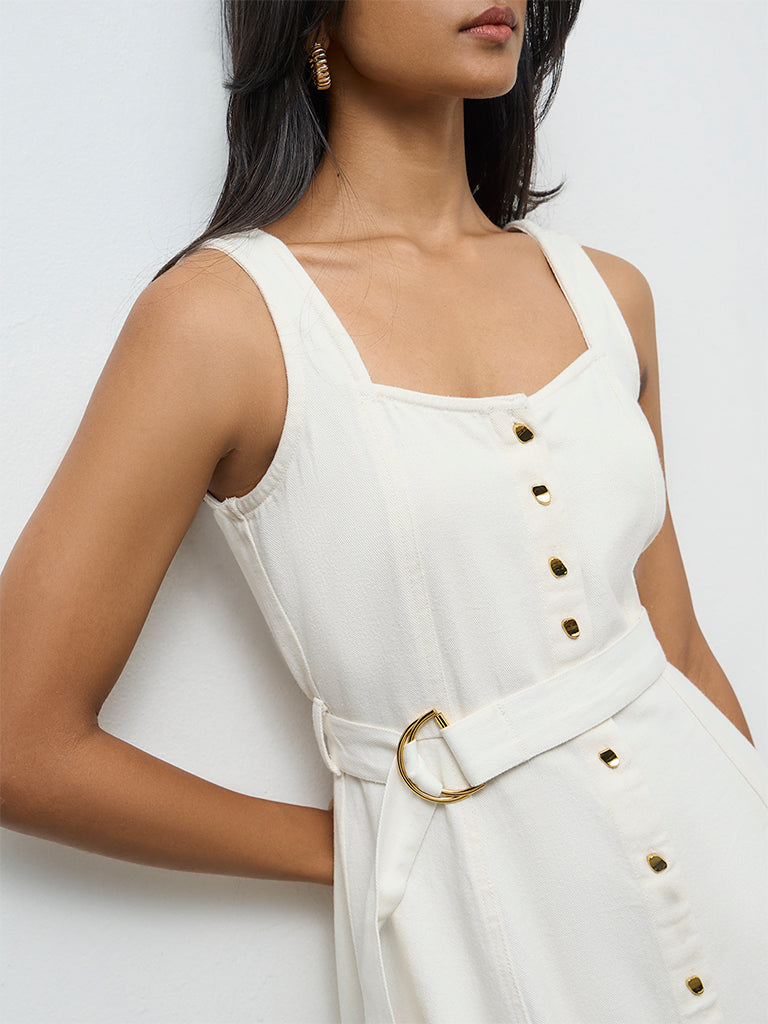 LOV Off-White Denim Cotton A-Line Dress with Belt