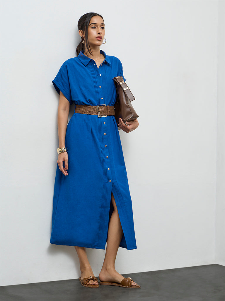 LOV Blue Pintuck-Detail Shirt Dress with Belt