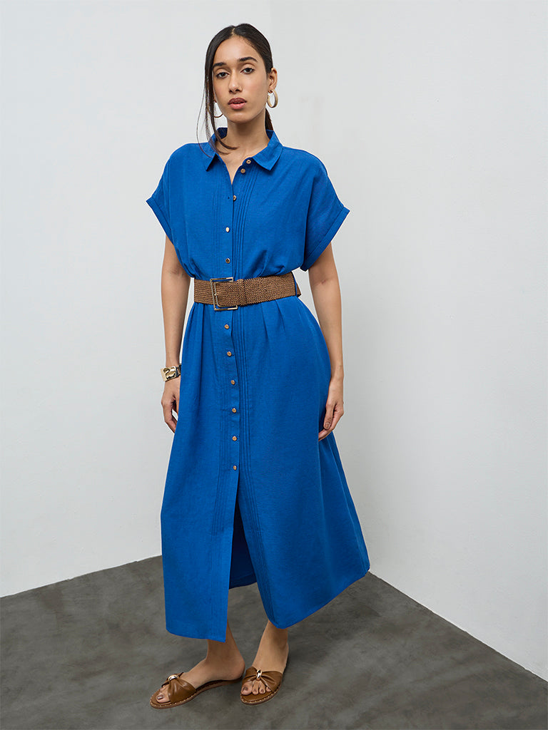 LOV Blue Pintuck-Detail Shirt Dress with Belt