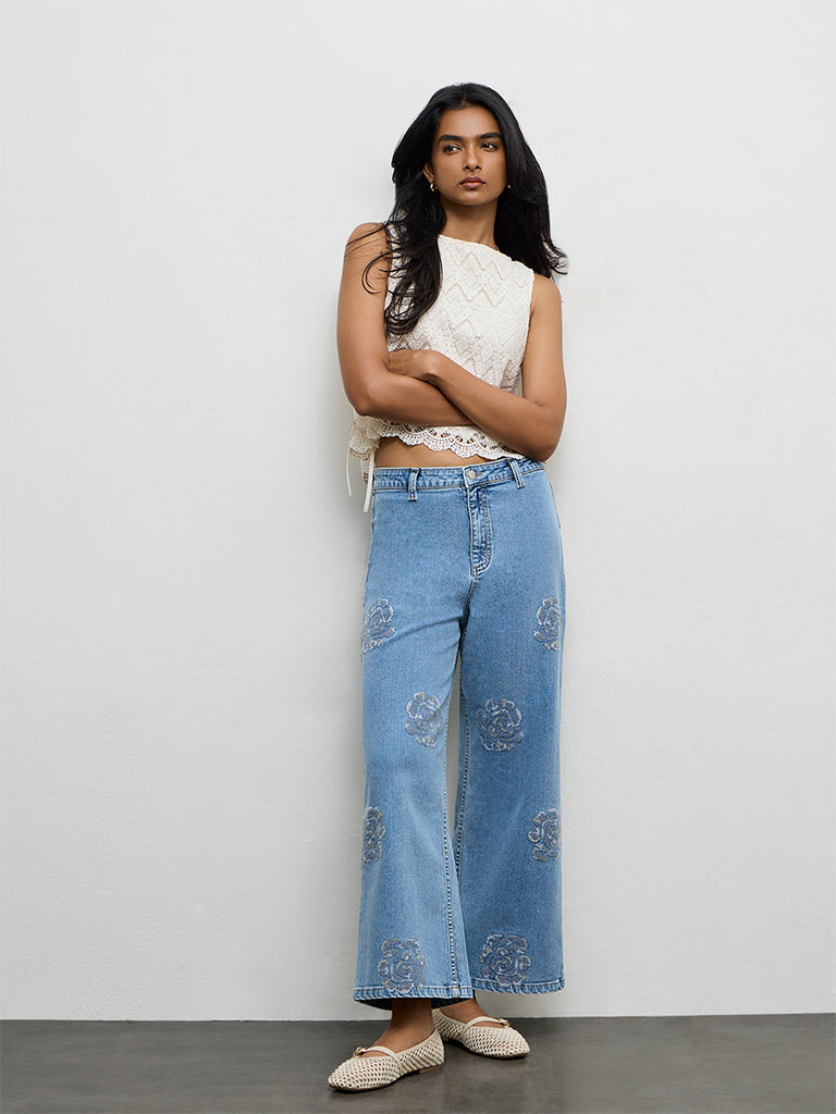 LOV Light Blue Floral Embroidered Low-Rise Jeans