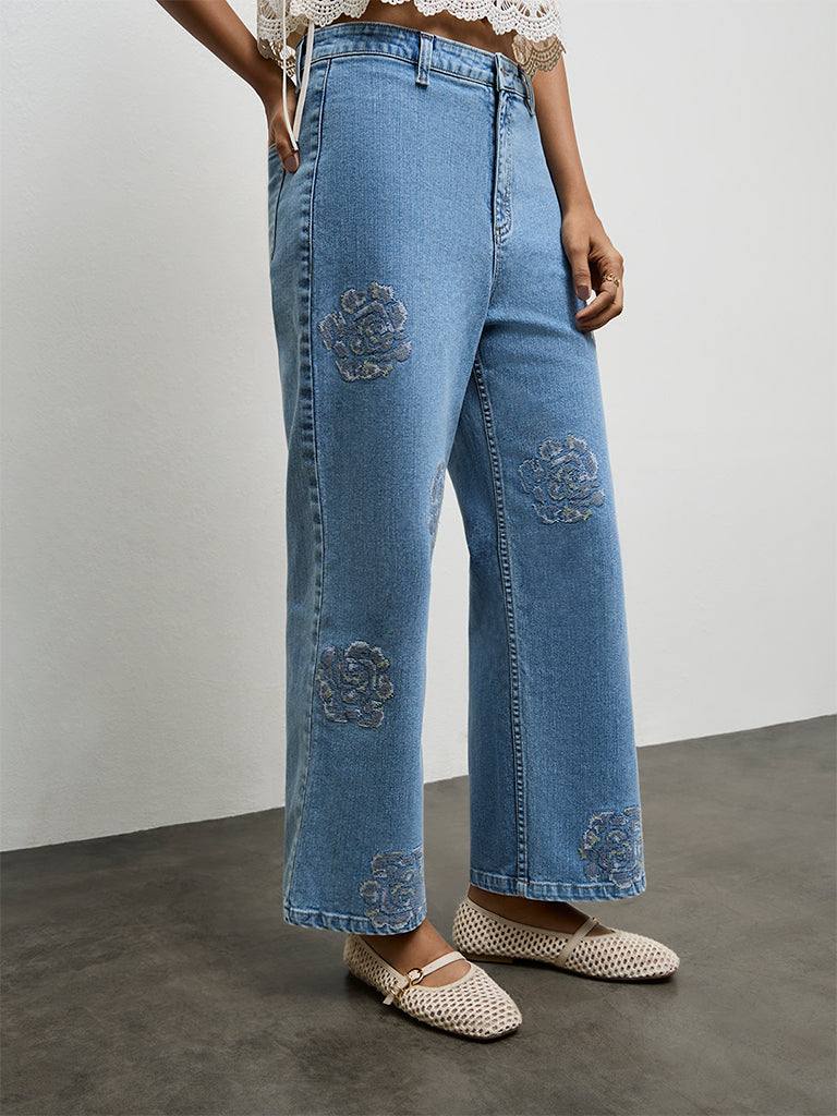 LOV Light Blue Floral Embroidered Low-Rise Jeans