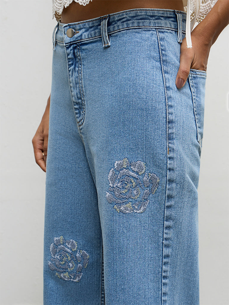 LOV Light Blue Floral Embroidered Low-Rise Jeans