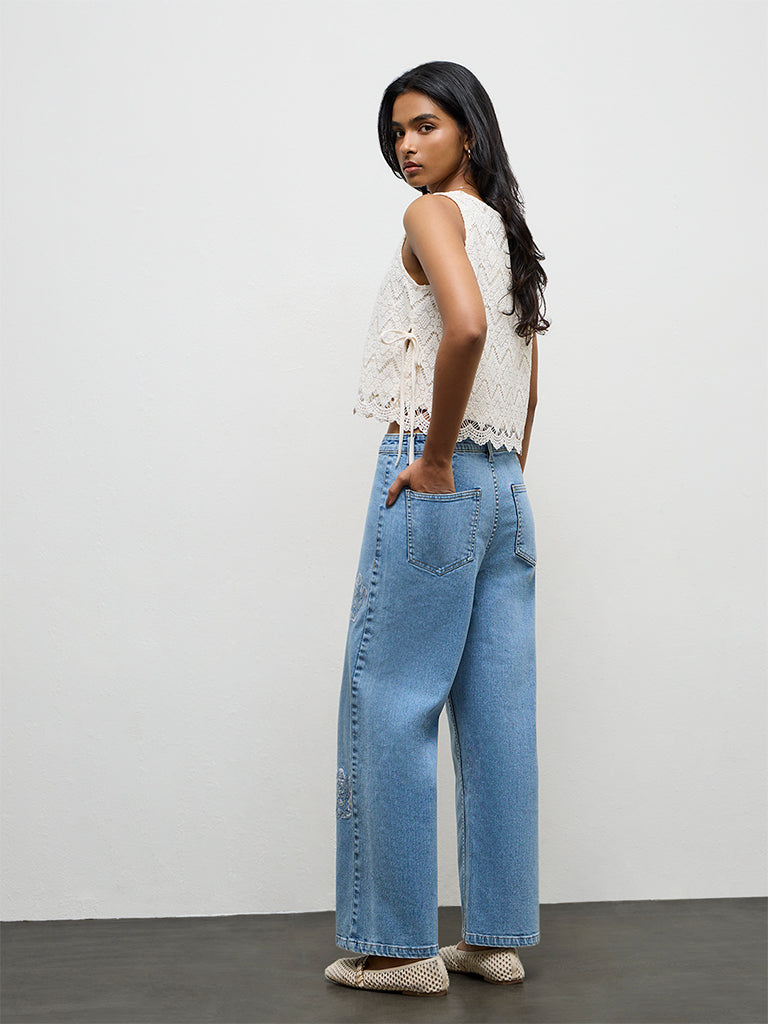 LOV Light Blue Floral Embroidered Low-Rise Jeans