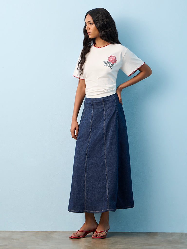 LOV White Floral Embroidered Cotton T-Shirt