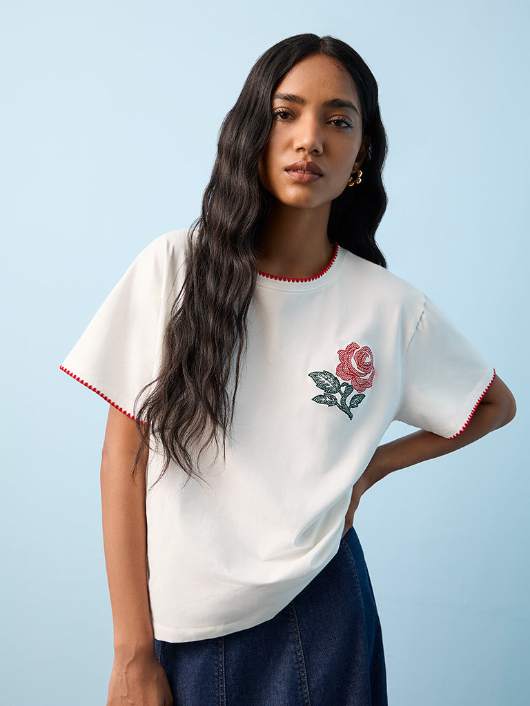 LOV White Floral Embroidered Cotton T-Shirt