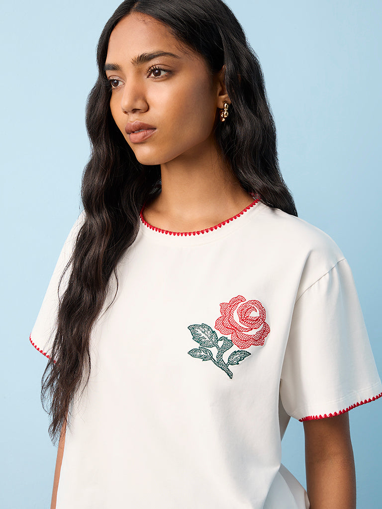 LOV White Floral Embroidered Cotton T-Shirt