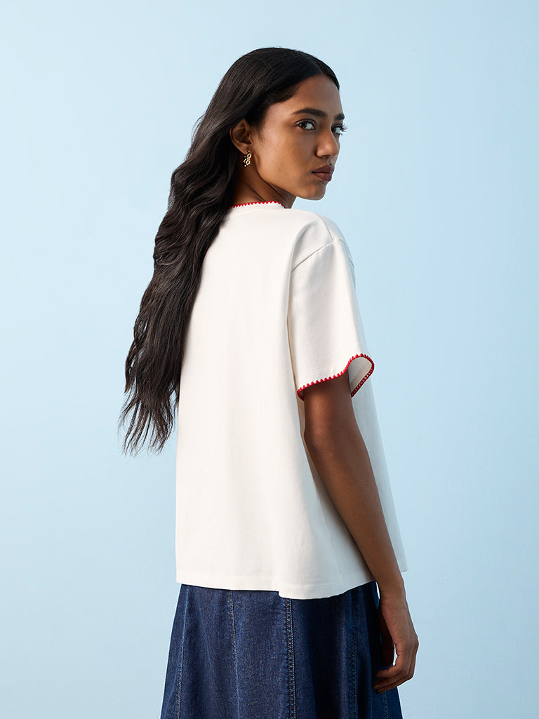 LOV White Floral Embroidered Cotton T-Shirt