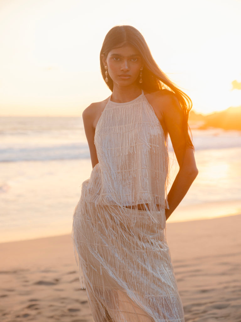 Vark Ivory Fringe Detailed Halter-Neck Top
