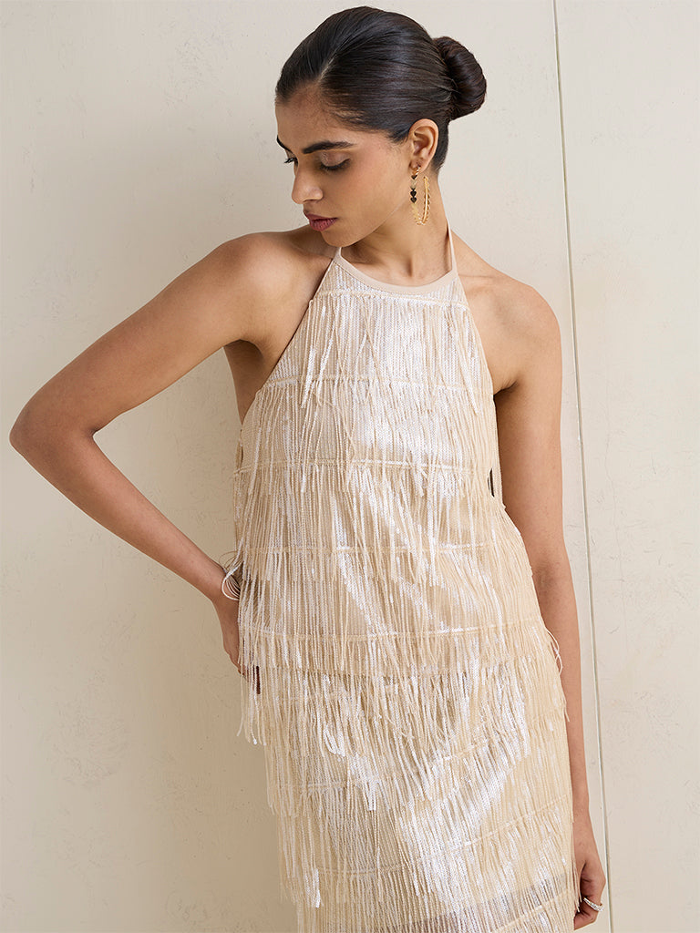 Vark Ivory Fringe Detailed Halter-Neck Top