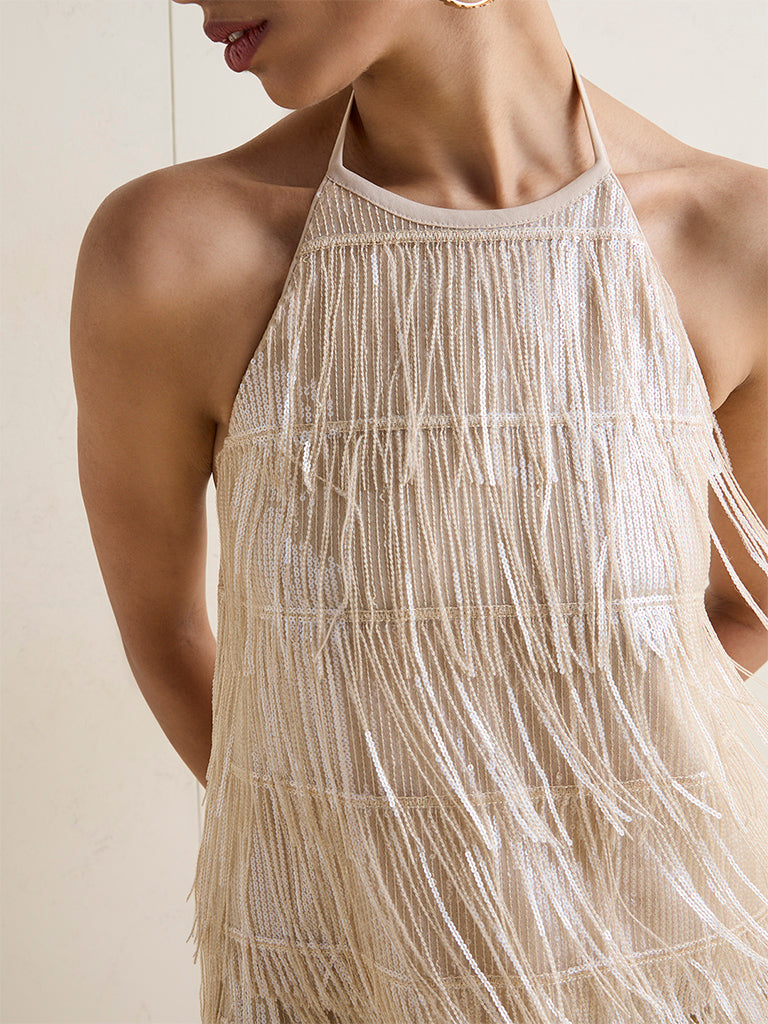 Vark Ivory Fringe Detailed Halter-Neck Top