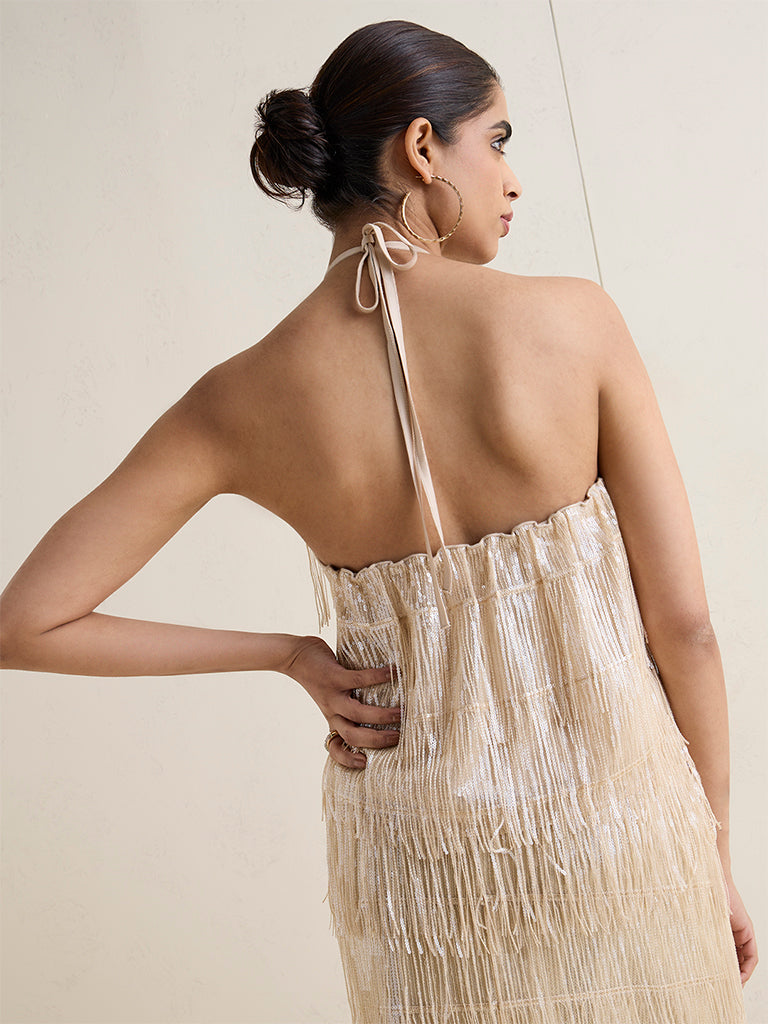 Vark Ivory Fringe Detailed Halter-Neck Top