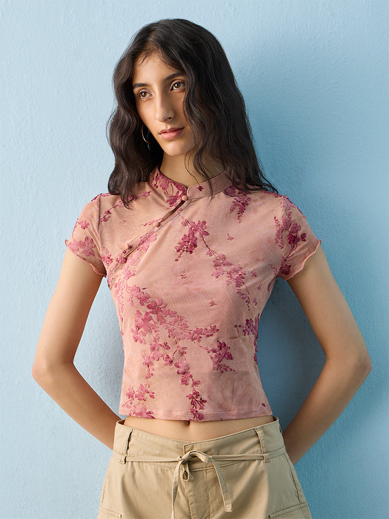 Nuon Pink Floral Pattern Mesh Top with Camisole