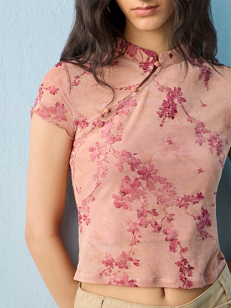 Nuon Pink Floral Pattern Mesh Top with Camisole