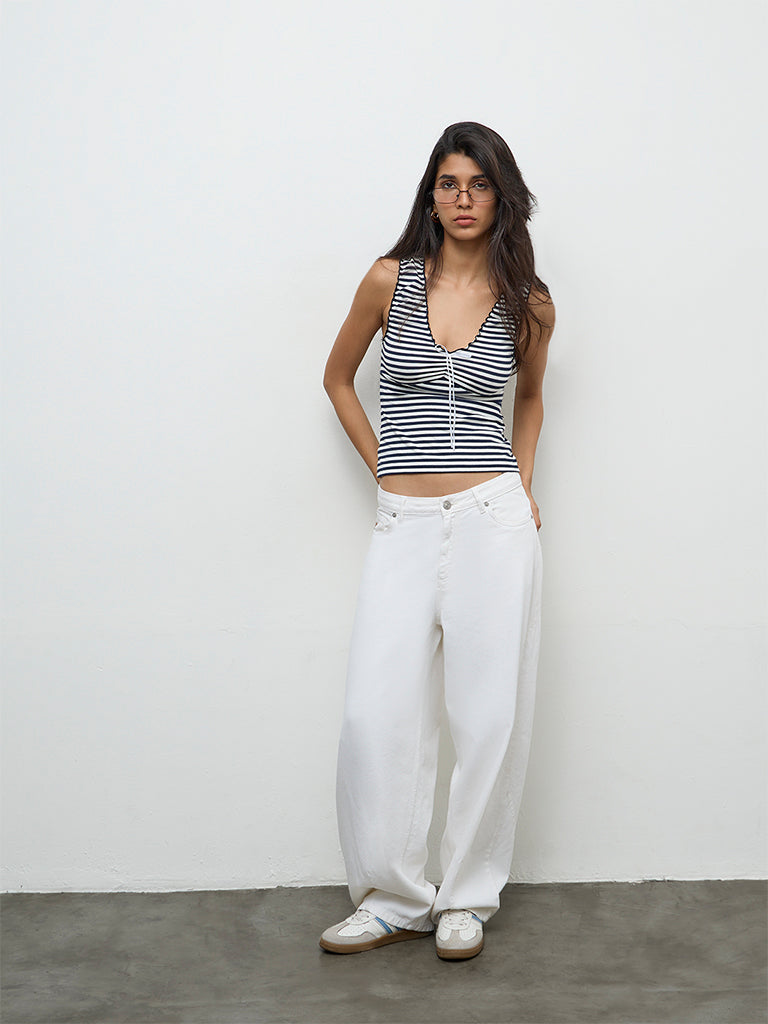 Nuon Navy Striped Cotton-Blend Top