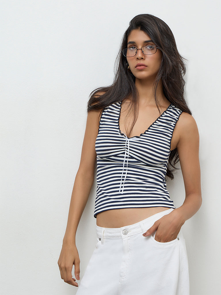 Nuon Navy Striped Cotton-Blend Top