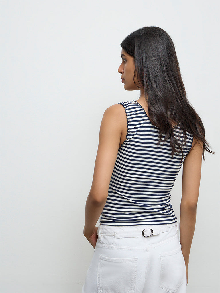 Nuon Navy Striped Cotton-Blend Top