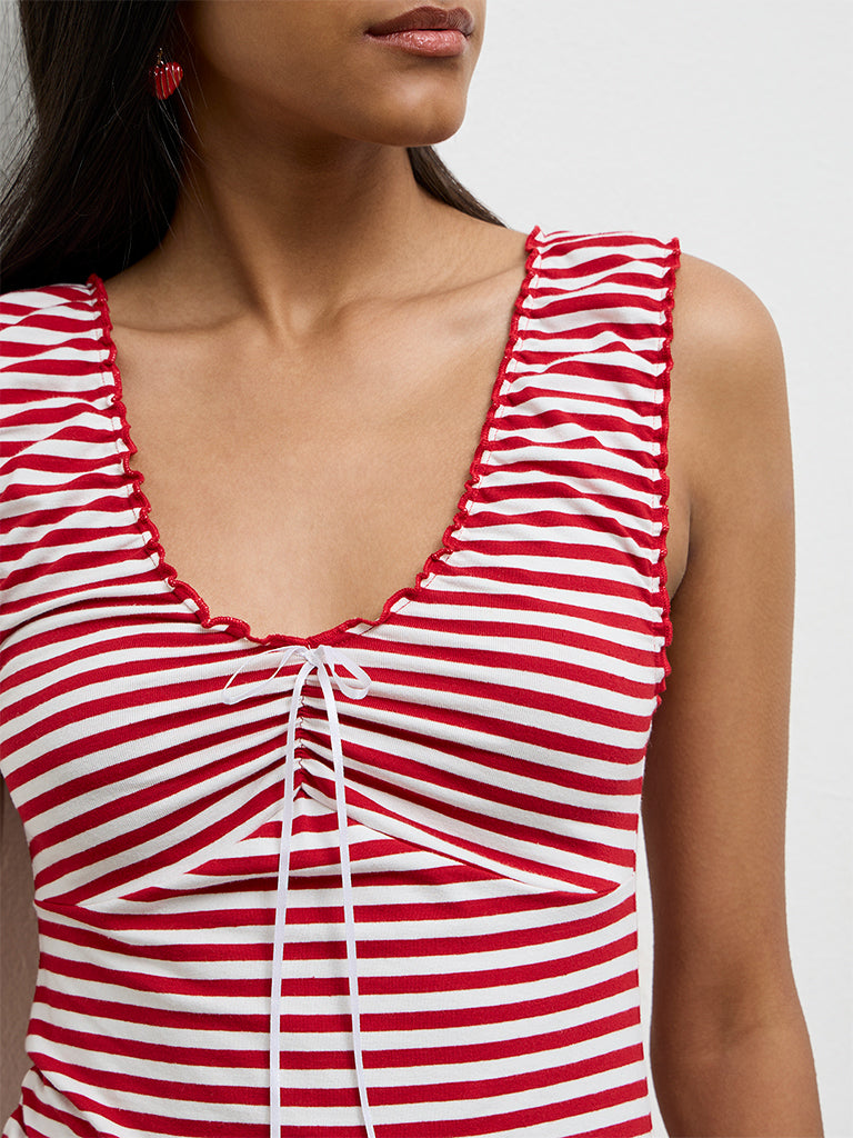 Nuon Red Striped Cotton-Blend Top