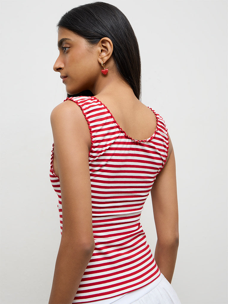 Nuon Red Striped Cotton-Blend Top