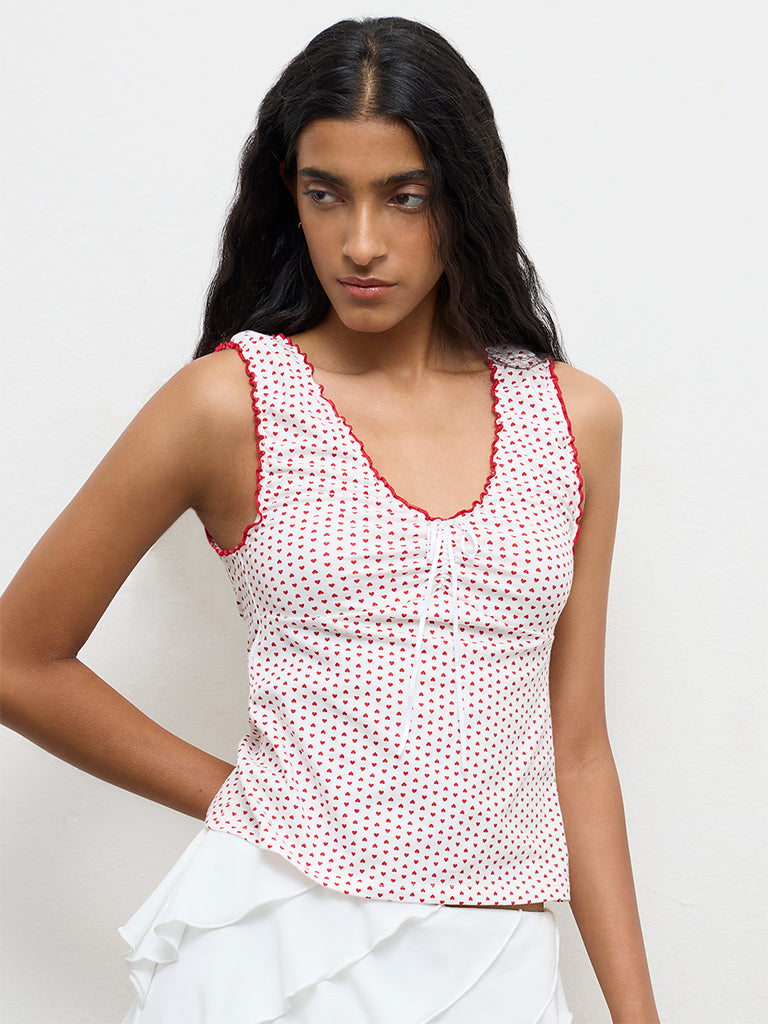 Nuon Red Heart-Printed Cotton-Blend Top