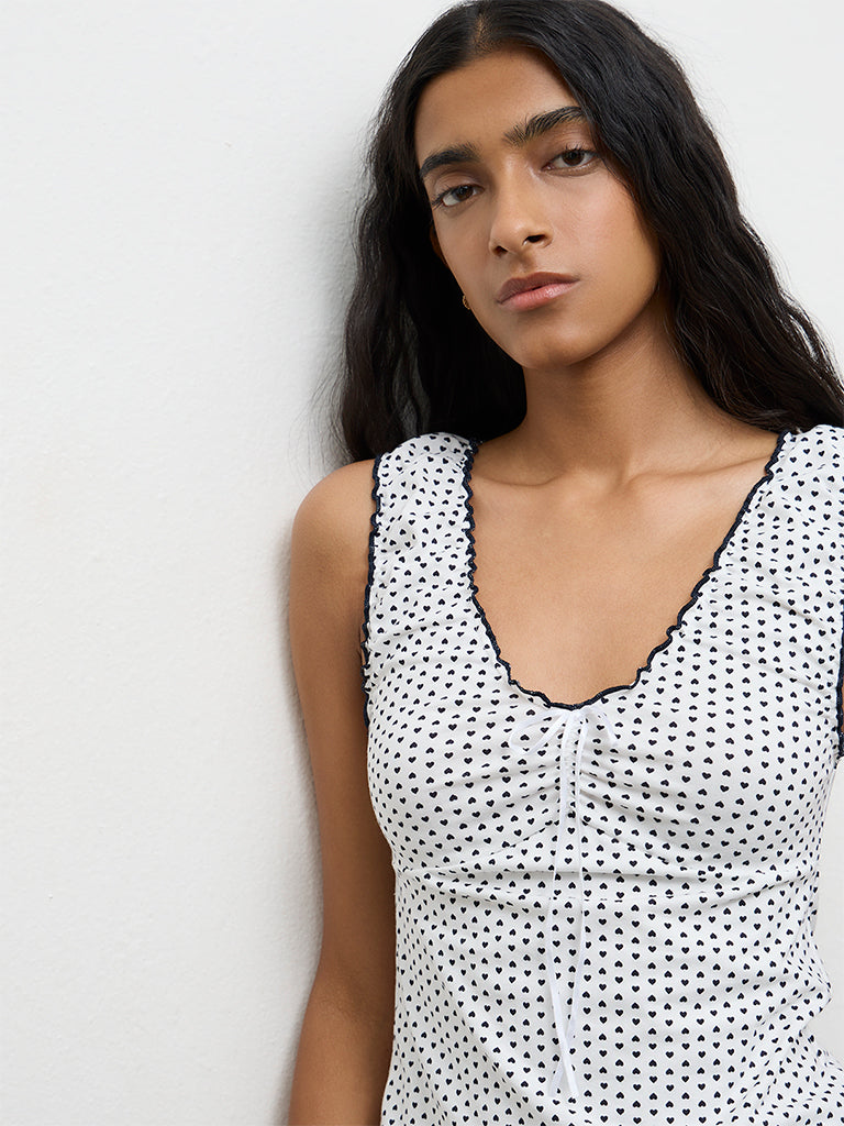 Nuon Navy Heart Printed Cotton-Blend Top