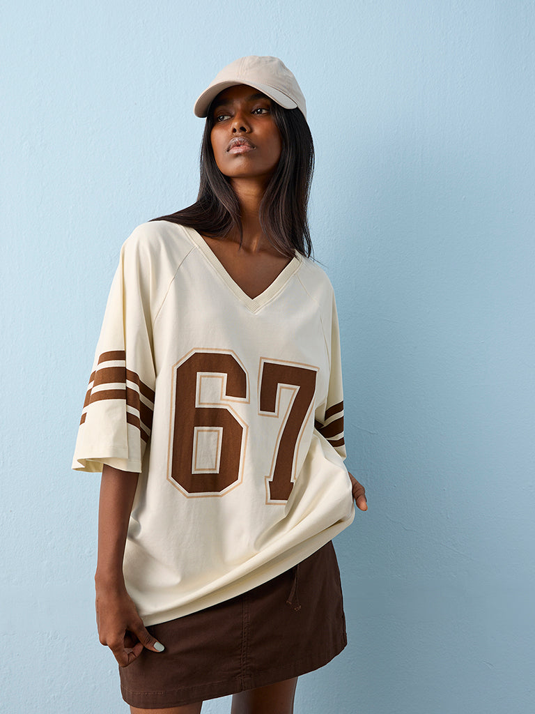 Nuon Light Yellow Printed Oversized Cotton-Blend T-Shirt