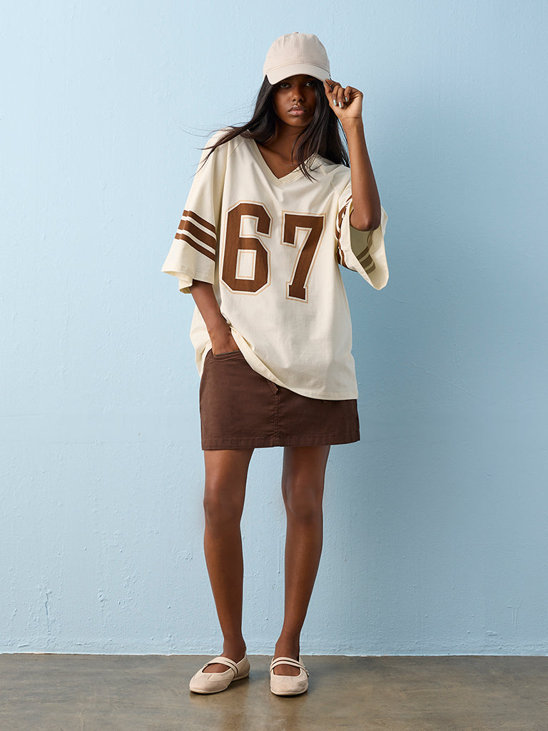 Nuon Light Yellow Printed Oversized Cotton-Blend T-Shirt