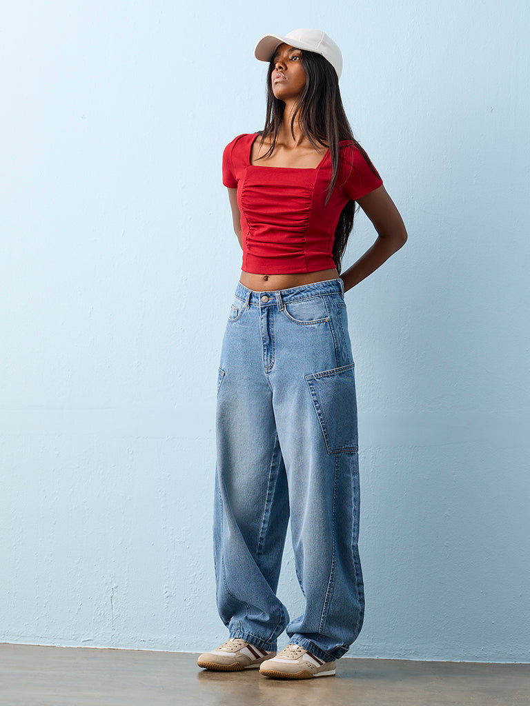 Nuon Red Ruched Cotton-Blend Top