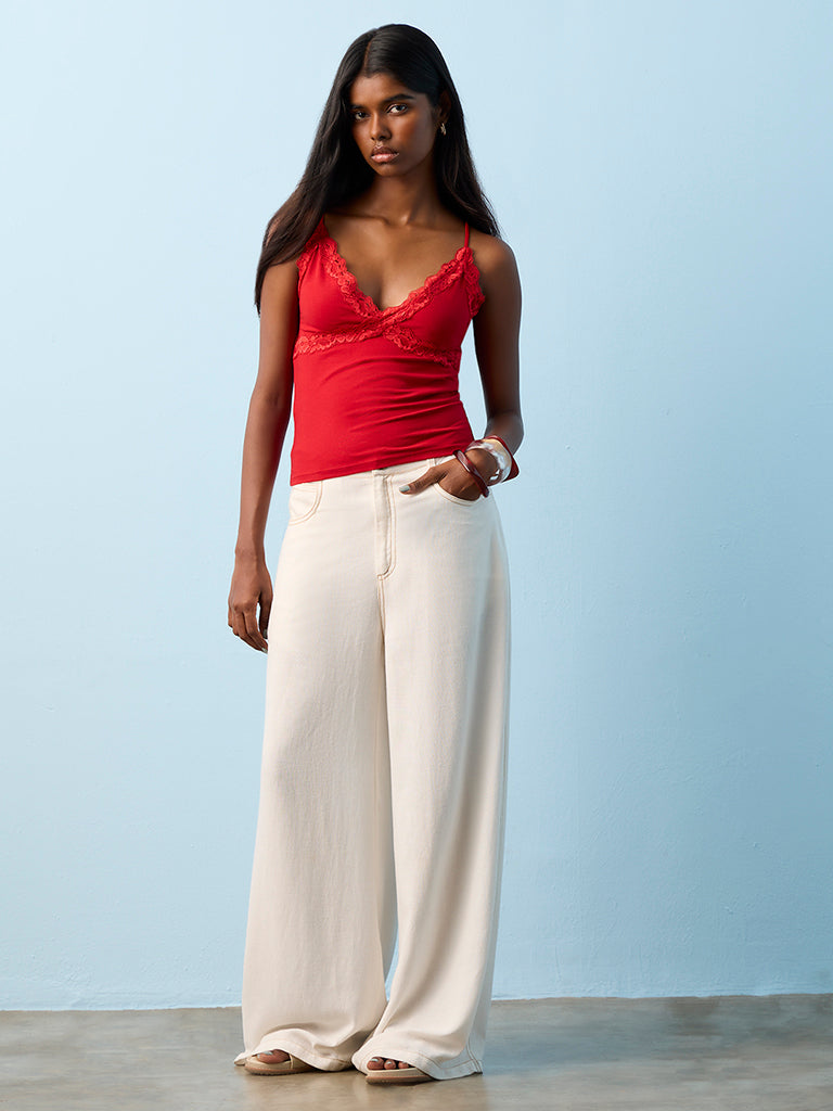 Nuon Red Lace Detailed Cotton-Blend Top