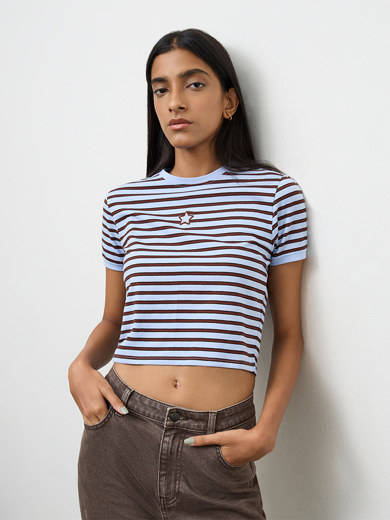 Nuon Blue Stripe-Printed Cotton-Blend T-Shirt