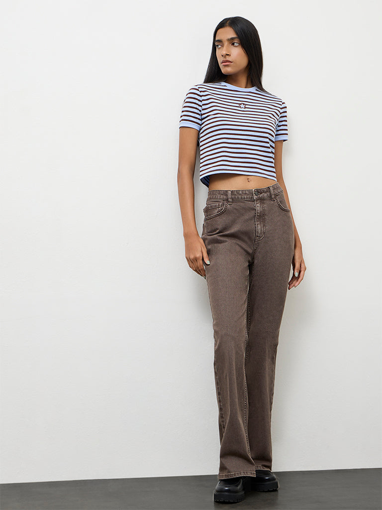 Nuon Blue Stripe-Printed Cotton-Blend T-Shirt