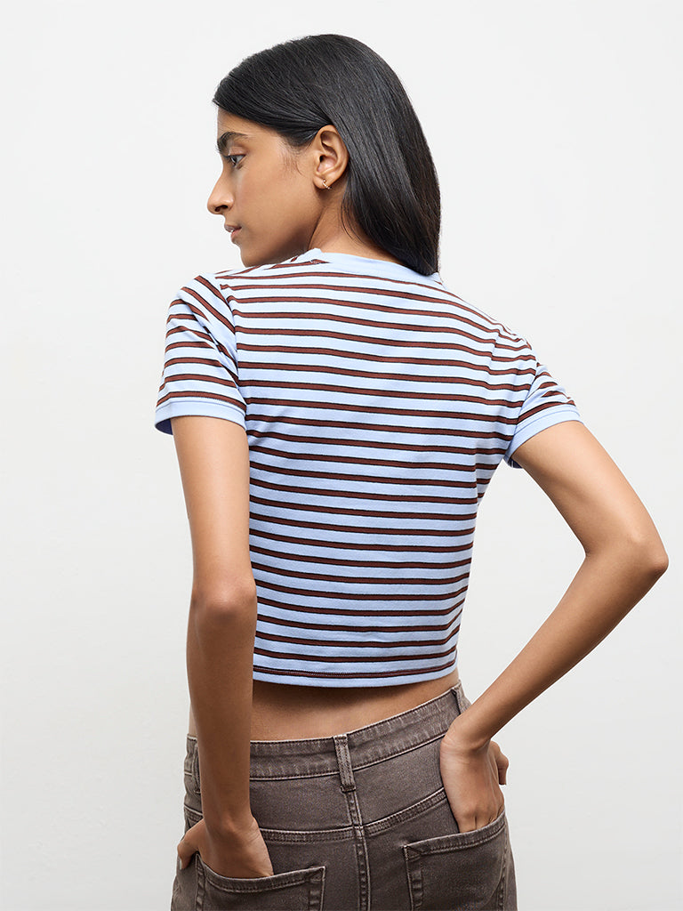 Nuon Blue Stripe-Printed Cotton-Blend T-Shirt