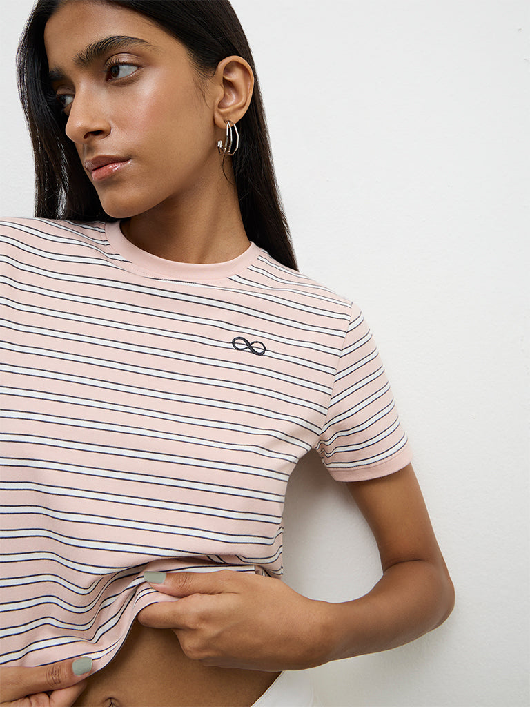 Nuon Light Pink Striped Cotton-Blend T-Shirt