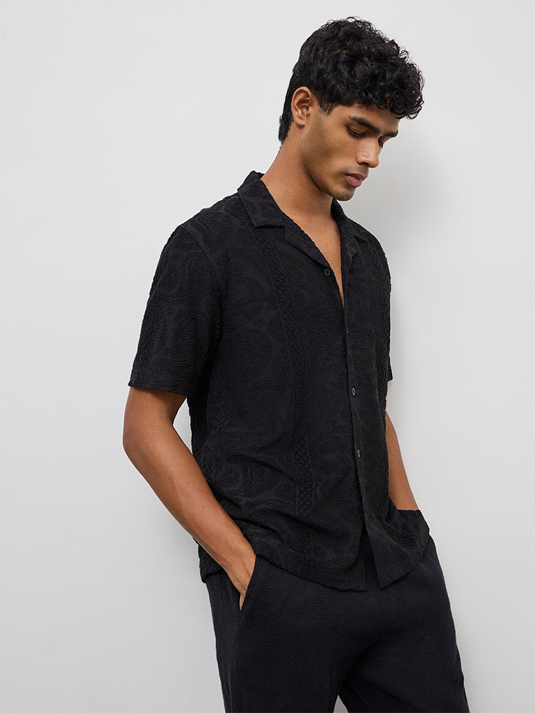 ETA Black Paisley Textured Relaxed-Fit Cotton-Blend Shirt
