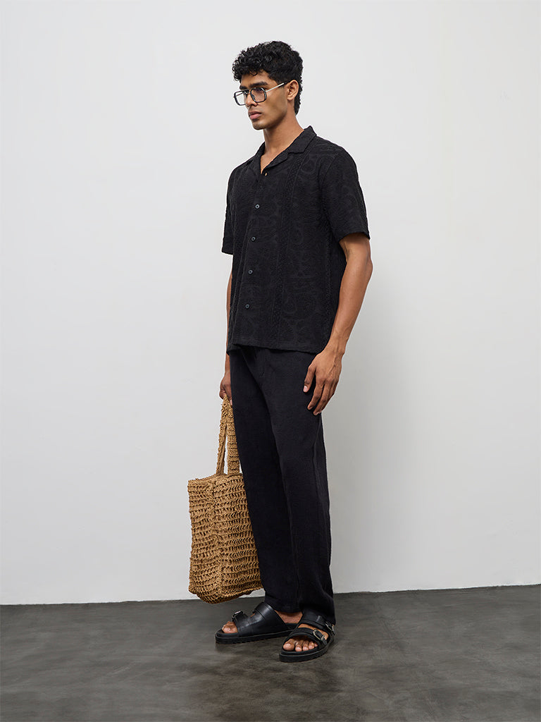 ETA Black Paisley Textured Relaxed-Fit Cotton-Blend Shirt