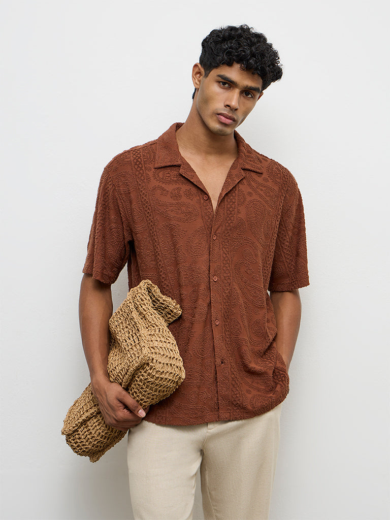 ETA Brown Paisley-Textured Relaxed-Fit Cotton-Blend Shirt