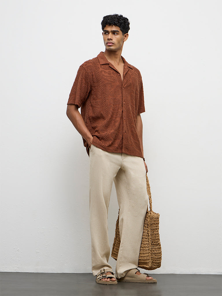 ETA Brown Paisley-Textured Relaxed-Fit Cotton-Blend Shirt