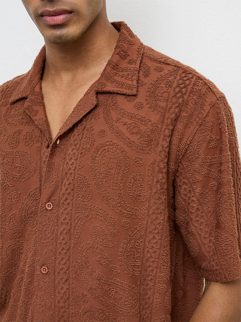 ETA Brown Paisley-Textured Relaxed-Fit Cotton-Blend Shirt