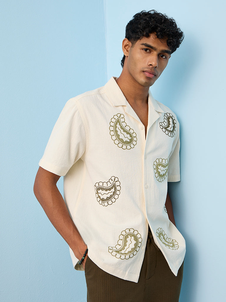 ETA Off-White Paisley Embroidered Relaxed-Fit Cotton Shirt