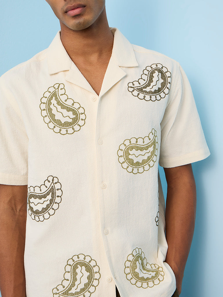 ETA Off-White Paisley Embroidered Relaxed-Fit Cotton Shirt