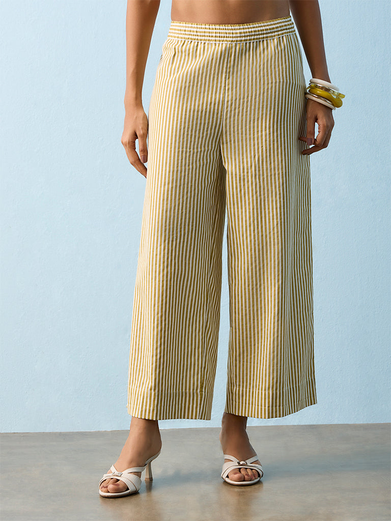 Utsa Lime Striped Cotton-Blend Pants